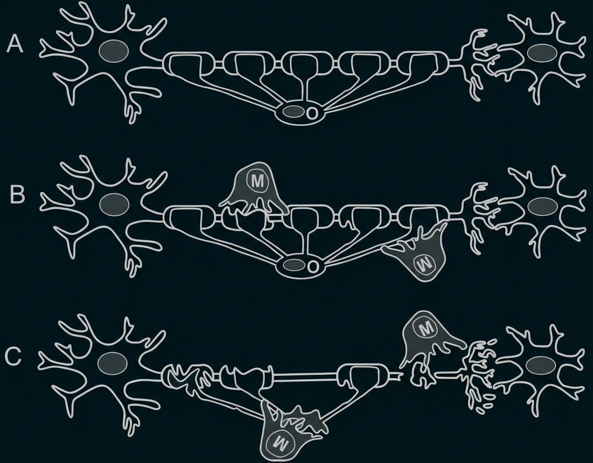 Schematische Darstellung von drei Neuronen mit Axonen und Myelinscheiden in unterschiedlichen Zuständen.